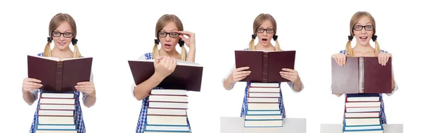 Lustiger Student mit Bücherstapel — Stockfoto