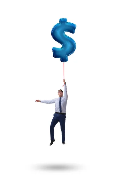 Zakenman vliegt op dollarteken opblaasbare ballon — Stockfoto