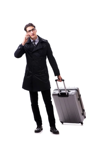 Jeune homme d'affaires avec valise prête pour un voyage d'affaires en blanc — Photo