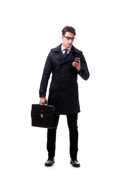 Jovem empresário vestindo casaco de inverno isolado em branco — Fotografia de Stock