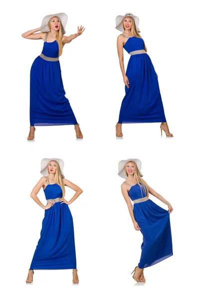 Vacker kvinna i lång blå klänning isolerad på vit — Stockfoto