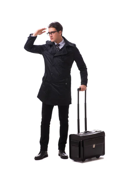 Young businessman with suitcase ready for business trip on white — Stock Photo, Image