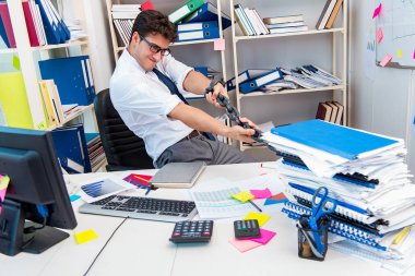 Employee attached and chained to his desk with chain clipart