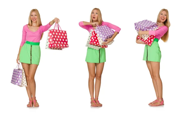 Donna con shopping bags isolata su bianco — Foto Stock