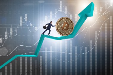 İşadamı, kripto para zinciri konseptinde bitcoin basıyor