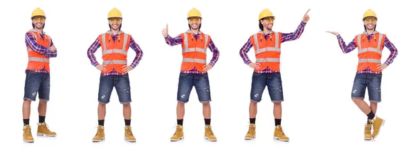 Young construction worker in helmet and briefs isolated on white — Stock Photo, Image