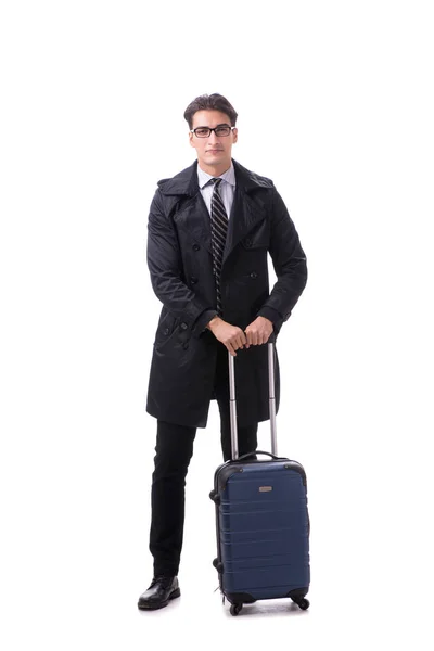 Joven hombre de negocios con maleta listo para viaje de negocios en blanco — Foto de Stock