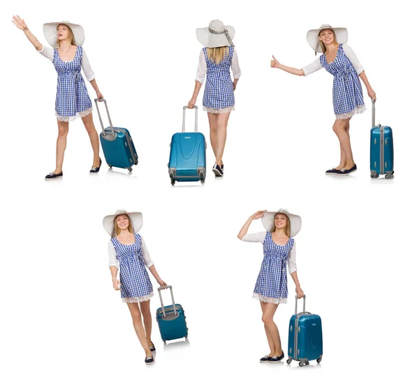 Woman ready for summer travel isolated on white — Stock Photo, Image