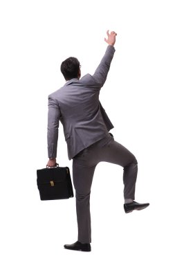 İşadamı beyaz üzerine izole edilmiş sanal engeli tırmanıyor