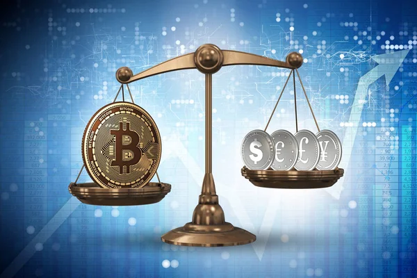 Weegschalen met Bitcoins en andere valuta - 3d rendering — Stockfoto