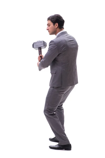 Uomo d'affari con martello isolato su sfondo bianco — Foto Stock