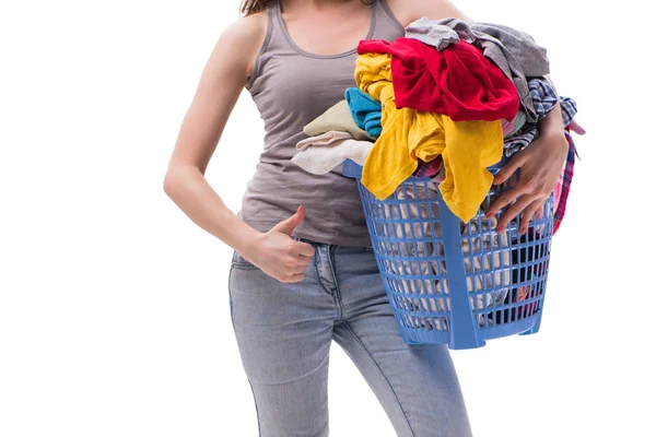 Nő ruhakosárral a mosodába — Stock Fotó