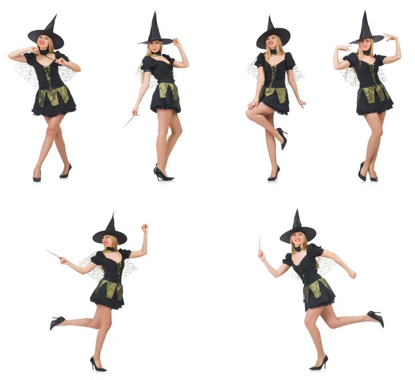 Beautiful witch in black dress isolated on white — Stock Photo, Image