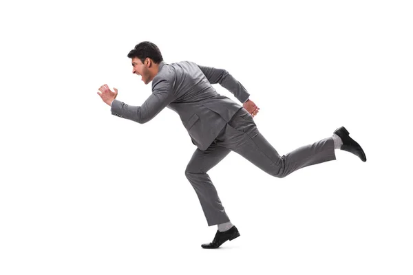 Young businessman running forward isolated on white — Stock Photo, Image