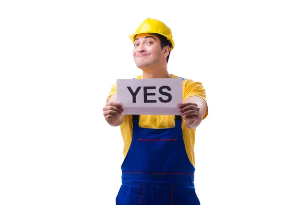 Trabajador respondiendo positivamente sí aislado en blanco — Foto de Stock