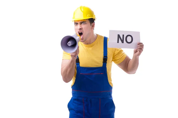 Trabajador respondiendo negativamente no aislado en blanco — Foto de Stock