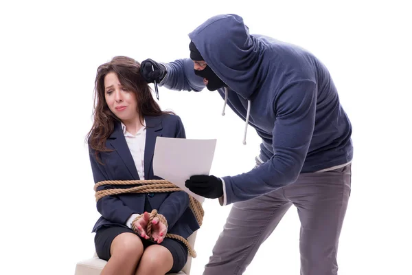 Gunman forcing a woman — Stock Photo, Image