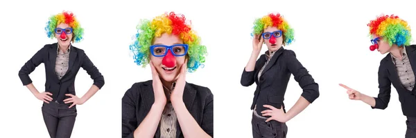 Legrační žena klaun izolovaný na bílém — Stock fotografie