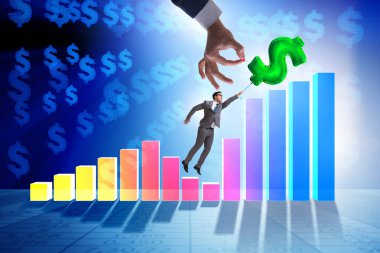Dolar işareti üzerinde uçan bir iş adamı. Finansal olarak şişirilebilir balon.