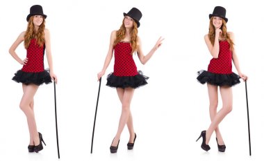 Beyaz izole kırmızı benekli elbiseli kız