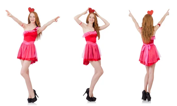 Pěkný mladý model v mini růžové šaty izolované na bílém — Stock fotografie