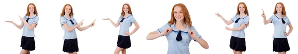 Junge Studentin zeigt vereinzelt auf weiß — Stockfoto