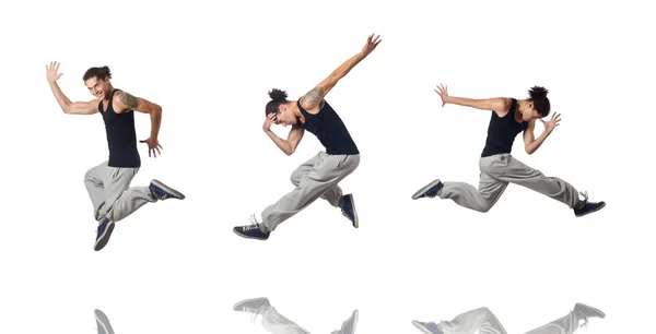 Чоловік танцює ізольовано на білому — стокове фото