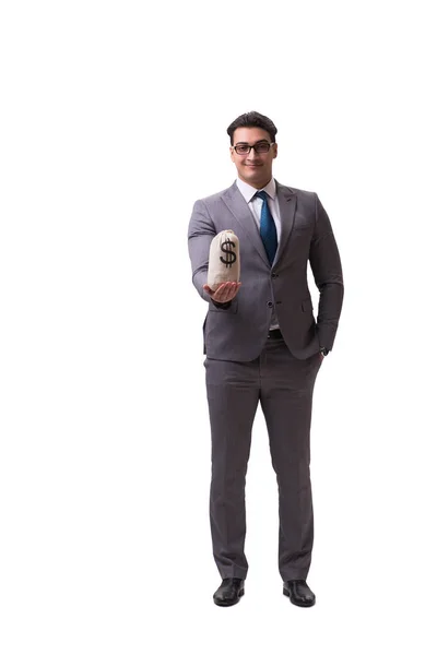 Бізнесмен з грошовою сумкою ізольовано на білому тлі — стокове фото
