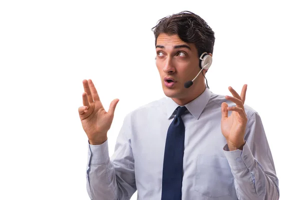 Homem com fone de ouvido isolado no fundo branco — Fotografia de Stock