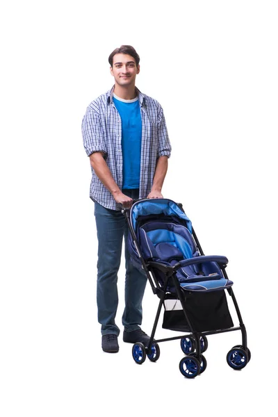 Junger Vater mit Kinderwagen isoliert auf weißem Grund — Stockfoto