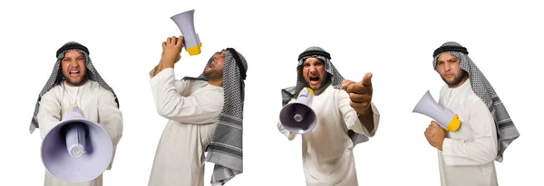 Арабський чоловік з гучномовцем, ізольований на білому — стокове фото