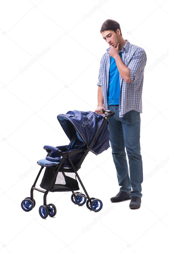 Young dad with child pram isolated on white