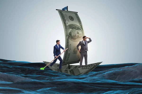 Asociación empresarial con hombres de negocios que navegan en barco de dólar — Foto de Stock