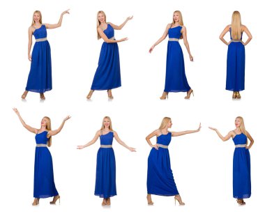 Uzun mavi elbiseli güzel kadın, beyaz tenli.
