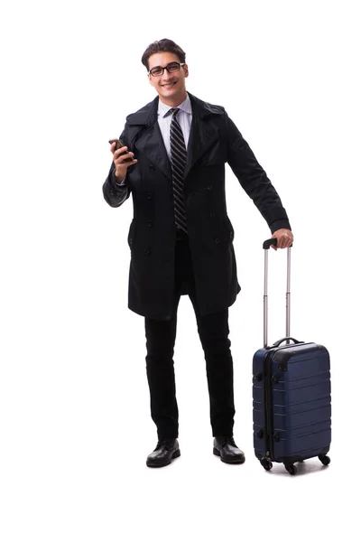 Młody biznesmen z walizką gotowy do podróży służbowej na białym — Zdjęcie stockowe