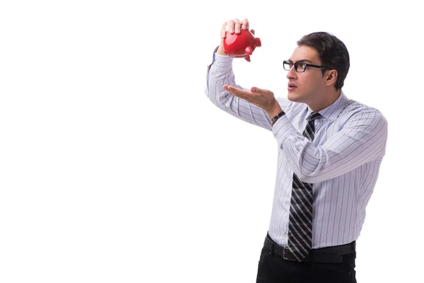 Jonge zakenman met spaarvarken geïsoleerd op witte achtergrond — Stockfoto