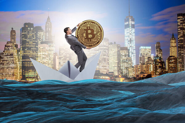 Бизнесмен грести на лодке доллара в бизнес-финансовой концепции