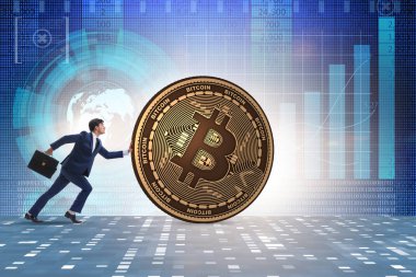 İşadamı, kripto para zinciri konseptinde bitcoin basıyor