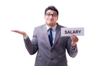 İşadamı maaş zammı istiyor. Beyaz sırtından izole edilmiş.