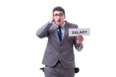 İşadamı maaş zammı istiyor. Beyaz sırtından izole edilmiş.