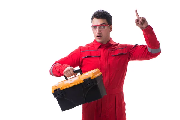 Aannemer werknemer in rode overall met toolbox geïsoleerd op whit — Stockfoto