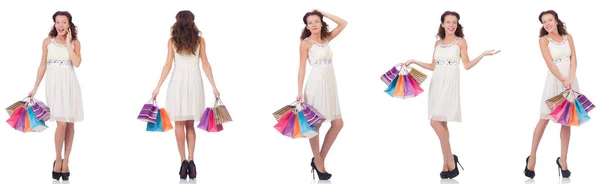 Conjunto de mujer con bolsas de compras en blanco —  Fotos de Stock