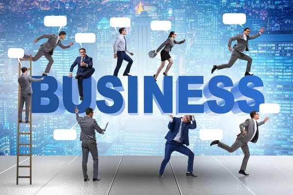 Empresários em conceito de negócio com escada e bolhas chamadas — Fotografia de Stock