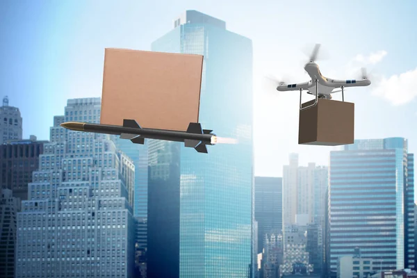 Vari metodi di consegna moderni con razzi e drone — Foto Stock