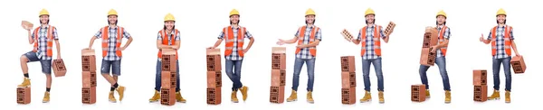 Builder with clay bricks isolated on white — Stock Photo, Image