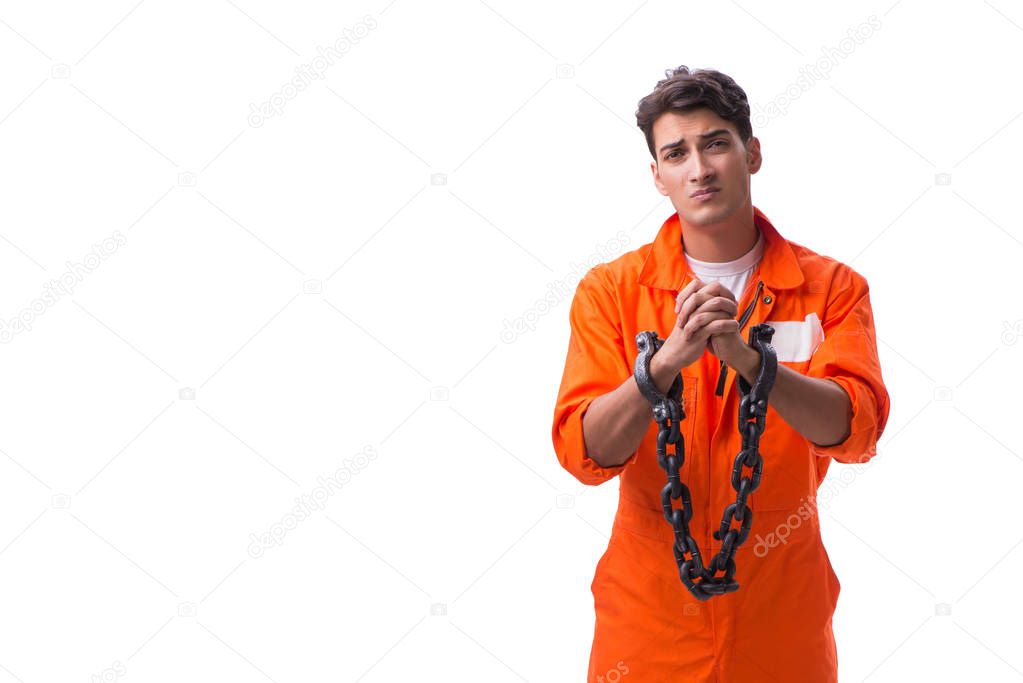 Prisoner with his hands chained isolated on white background