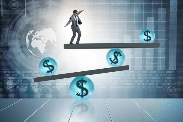 Businessman balancing in financial dollar concept — Stock Photo, Image