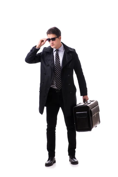 Jonge zakenman met koffer klaar voor zakenreis op wit — Stockfoto