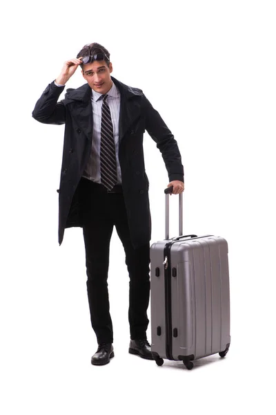 Young businessman with suitcase ready for business trip on white — Stock Photo, Image