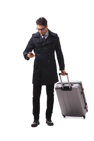 Joven hombre de negocios con maleta listo para viaje de negocios en blanco — Foto de Stock